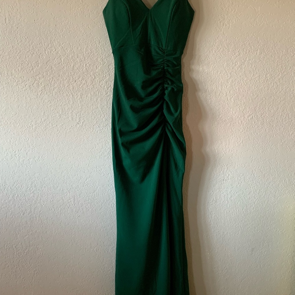 Green slit ruched Sherri hill dress